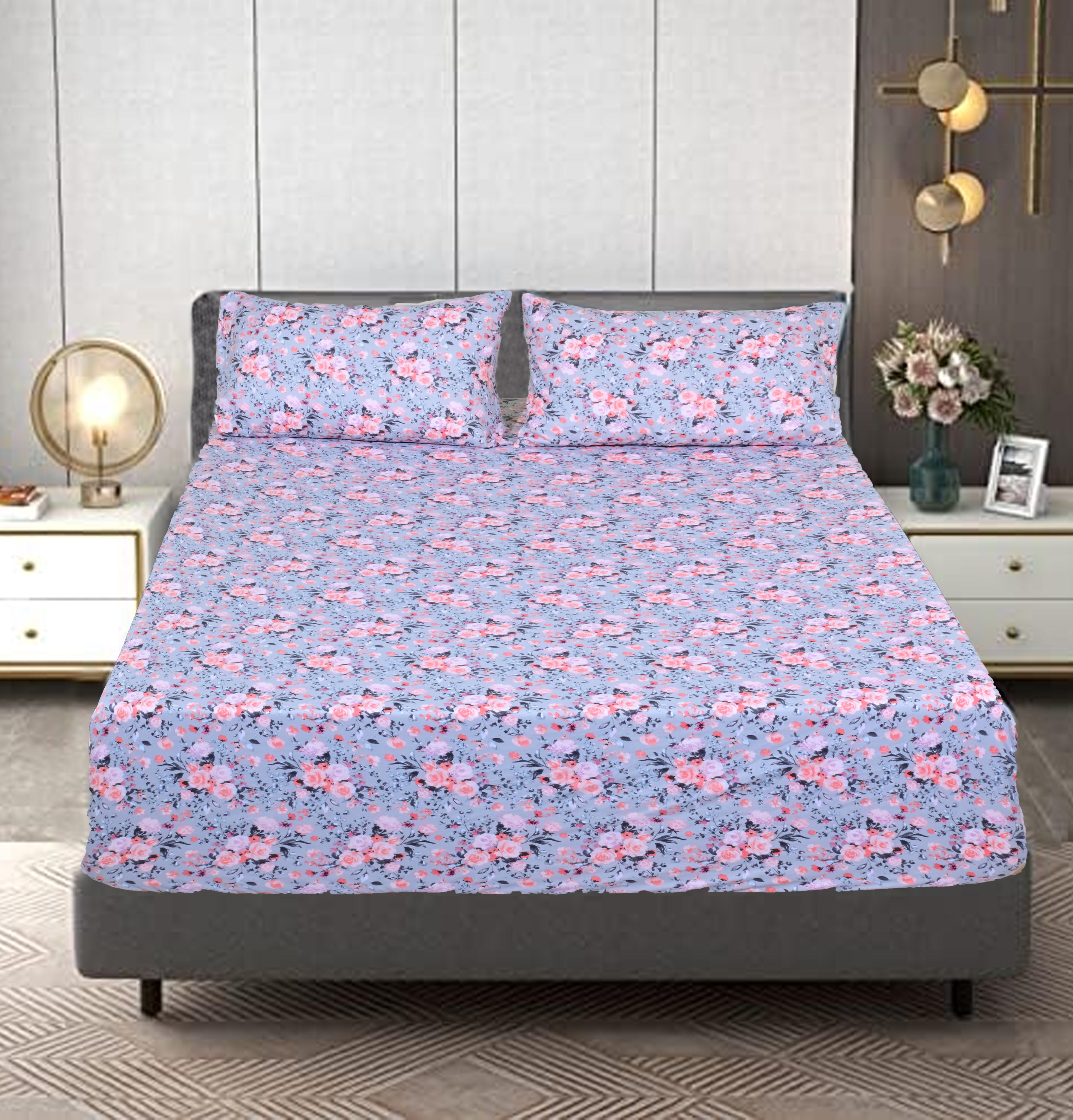 Linen Home Grey White Floral Bed Sheet