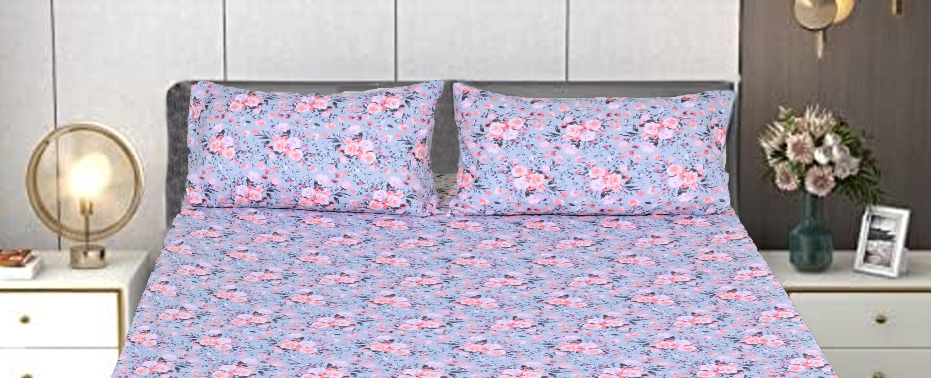 Linen Home Grey White Floral Bed Sheet