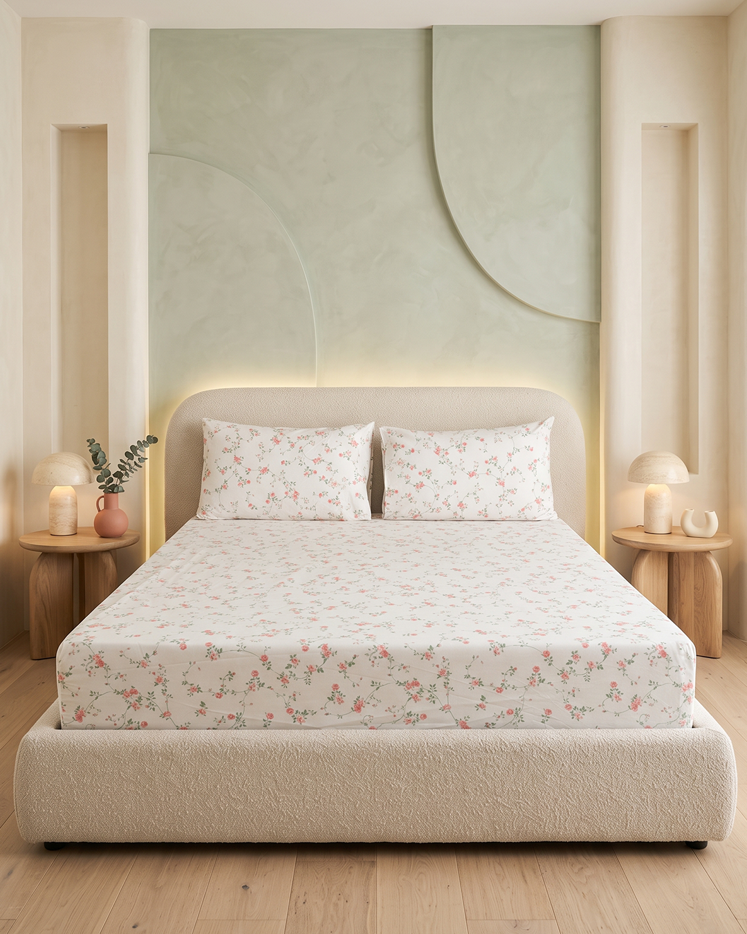 Pink Fluer Cotton Bedding Set – Fitted Sheet + 2 Pillow Covers