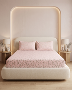 Pink Leaf Print Cotton Bedding Set – Fitted Sheet + 2 Pillow Covers