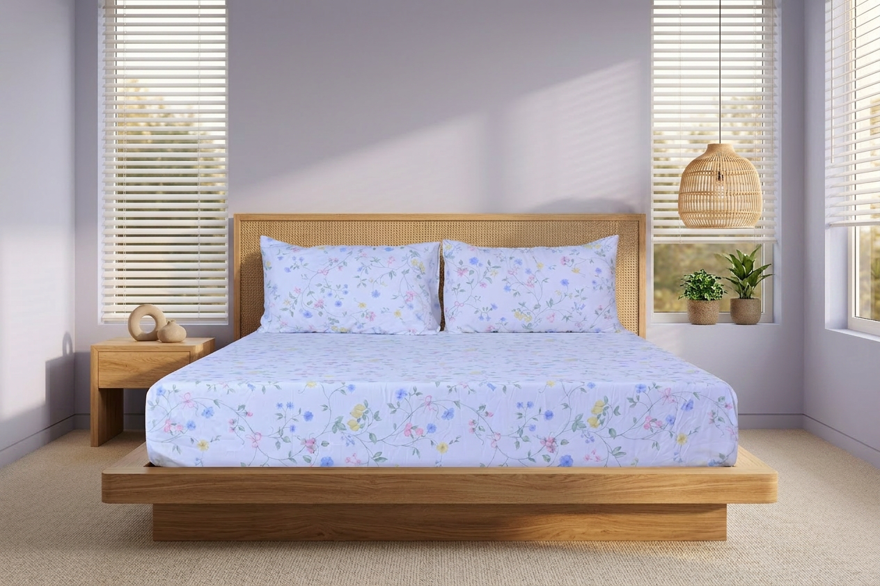 Azure Sprig Pure Cotton Fitted Sheet Combo