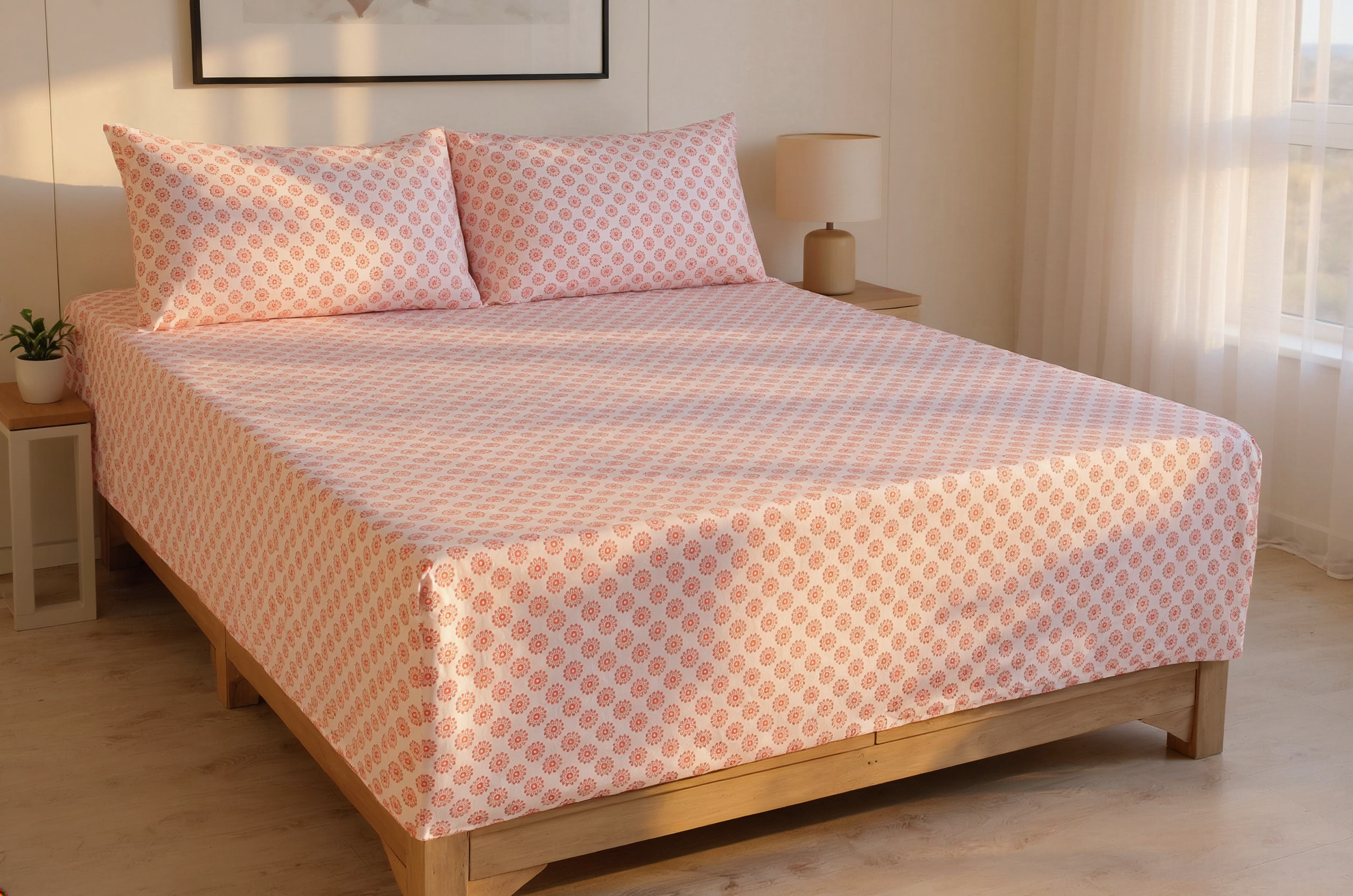 Blush Medallion Pure Cotton Fitted Bed Sheet Combo