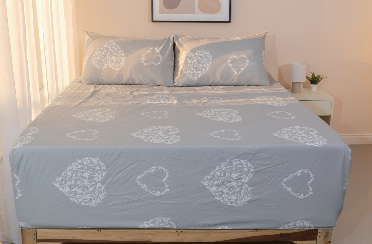 Damask Heart Pure Cotton Fitted Bed Sheet Combo