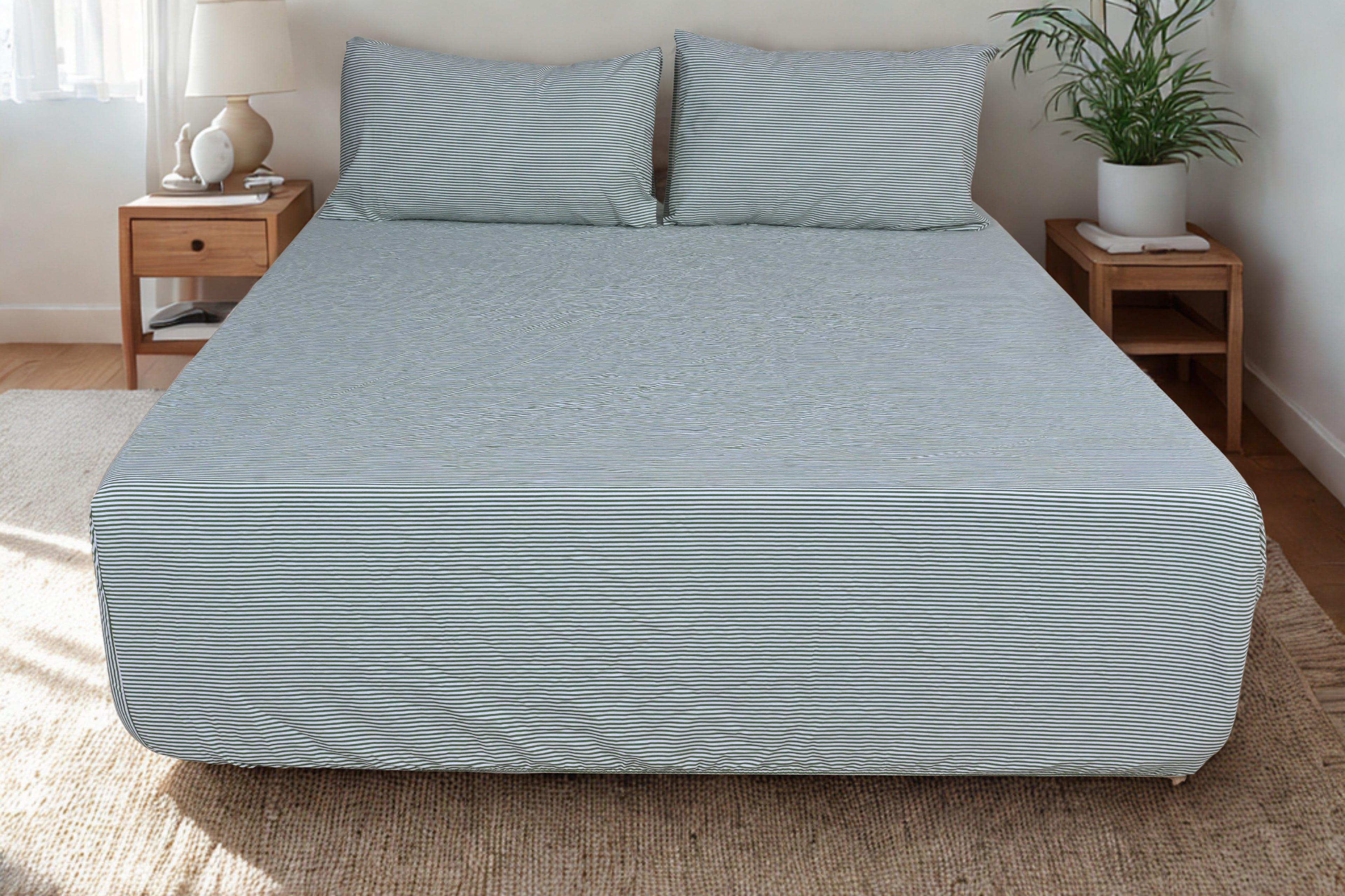 Green Fine Stripe Pure Cotton Fitted Sheet Combo