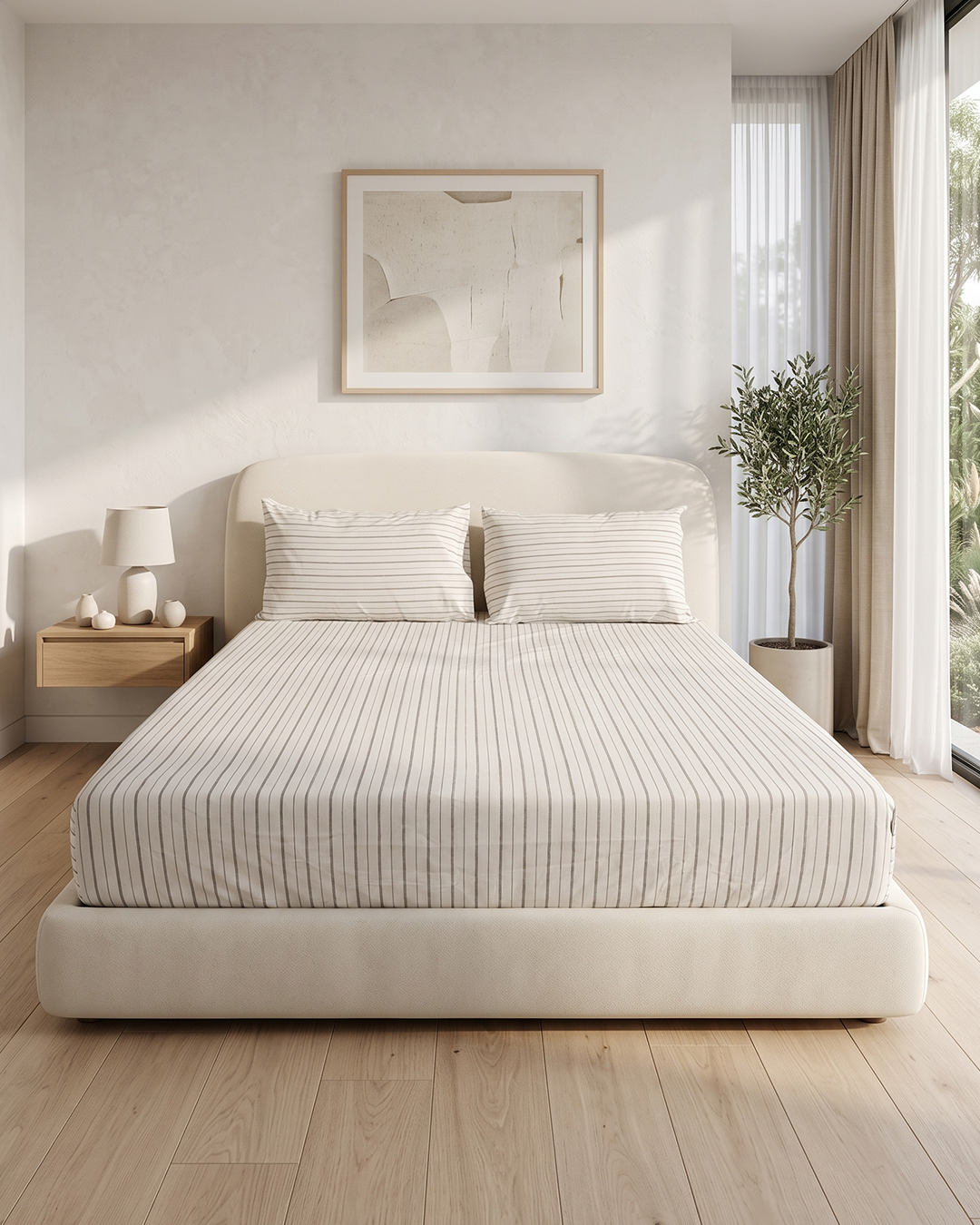 Soft Stripe Cotton Bedding Set – Fitted Sheet + 2 Pillow Covers