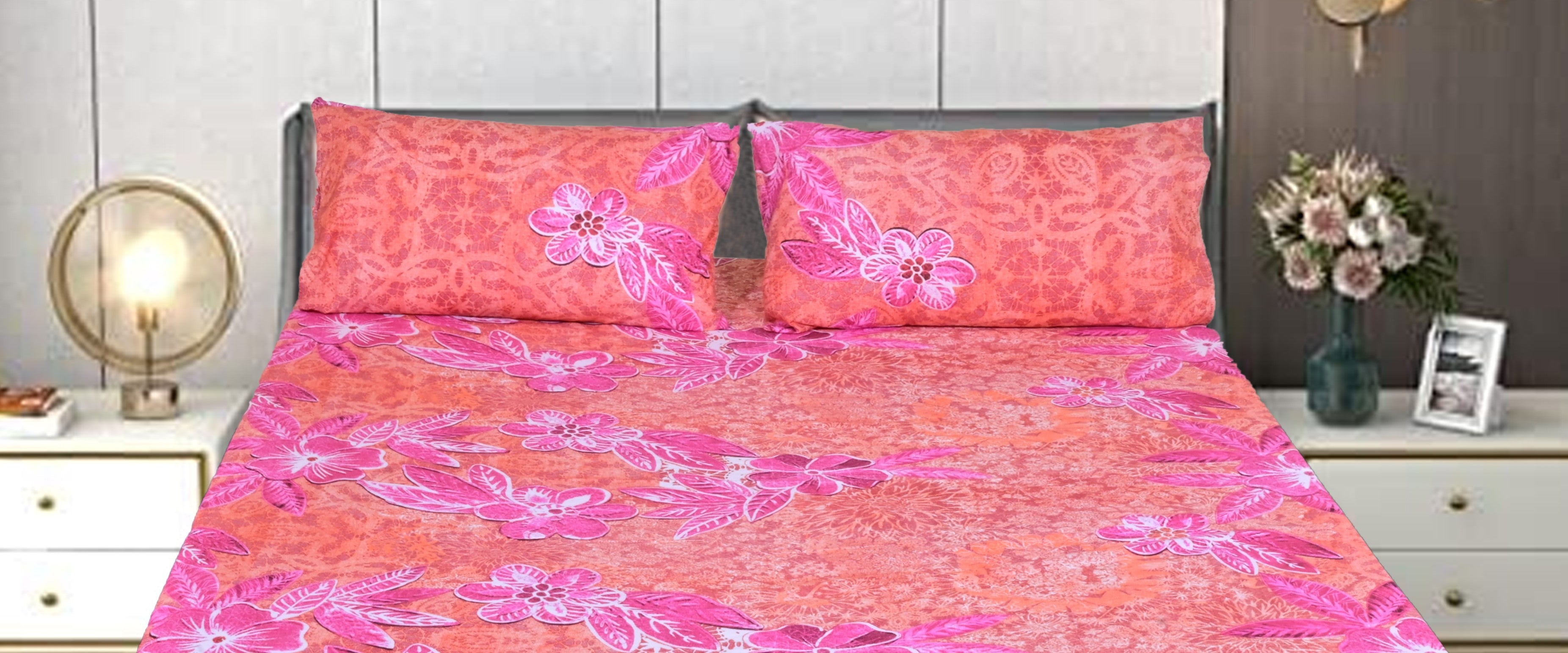 Linen Home Pink And Red Floral Bed Sheet