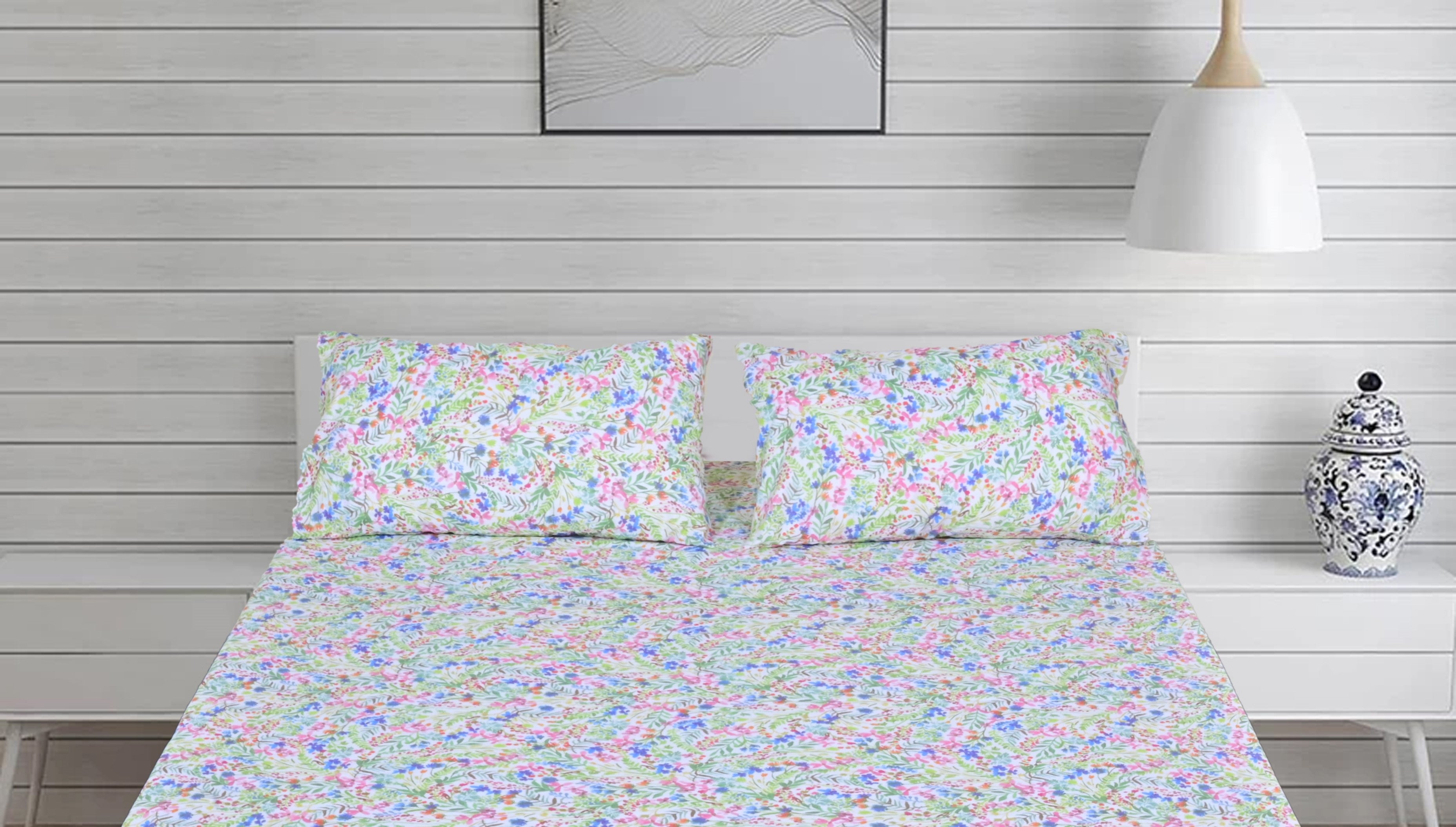 Linen Home Pink And Blue Floral Bed Sheet