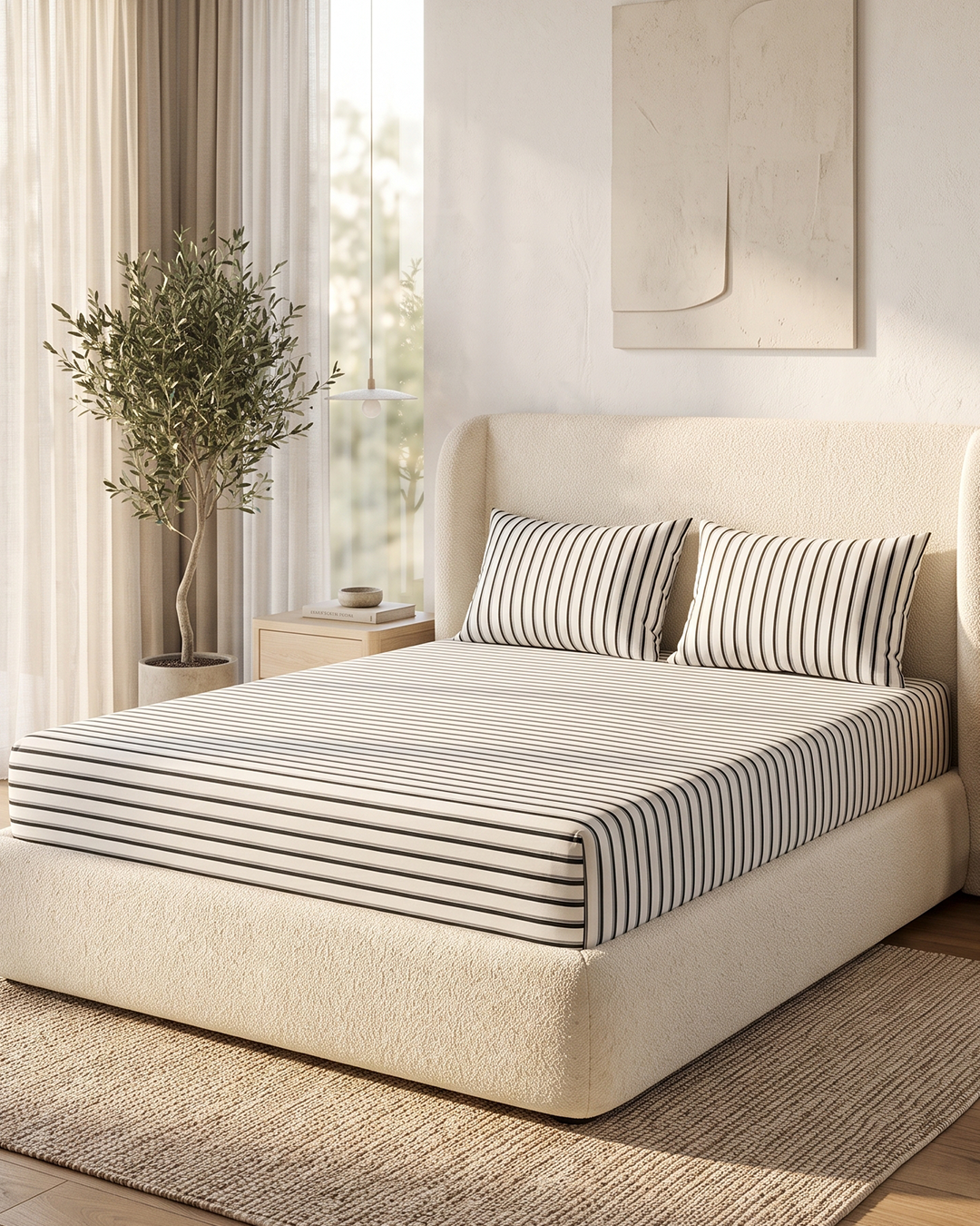 Oxford Stripe Cotton Bedding Set – Fitted Sheet + 2 Pillow Covers