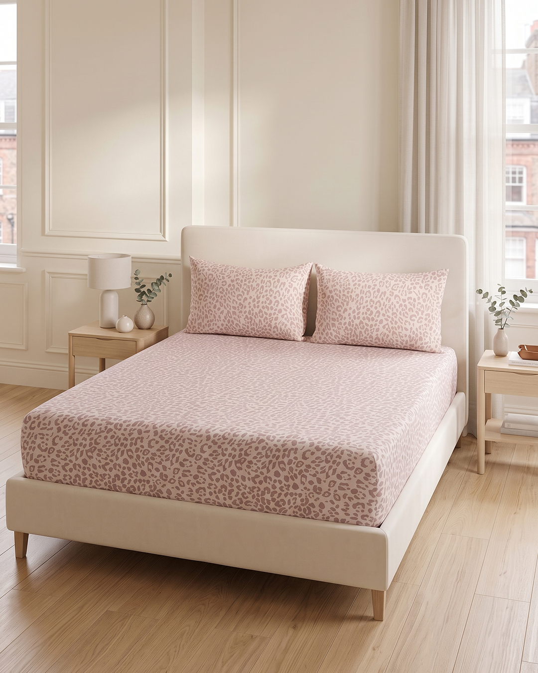 Miami Pink Cotton Bedding Set: Fitted Bed Sheet + 2 Pillow Covers