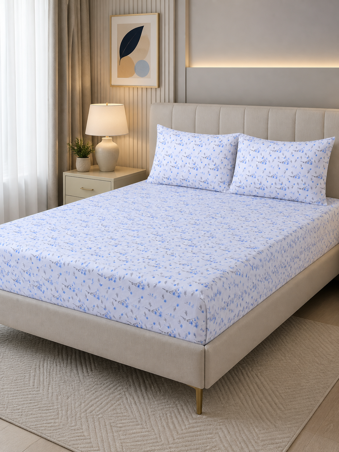 Azure Sprig Pure Cotton Fitted Sheet Combo