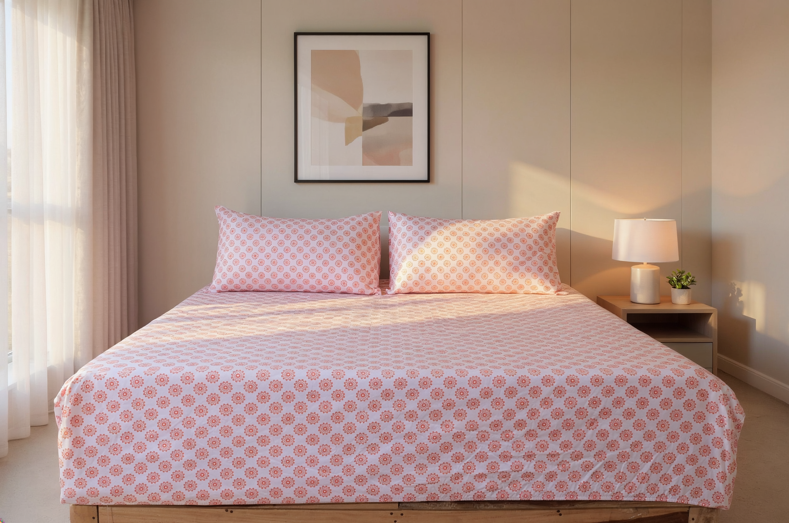 Blush Medallion Pure Cotton Fitted Bed Sheet Combo
