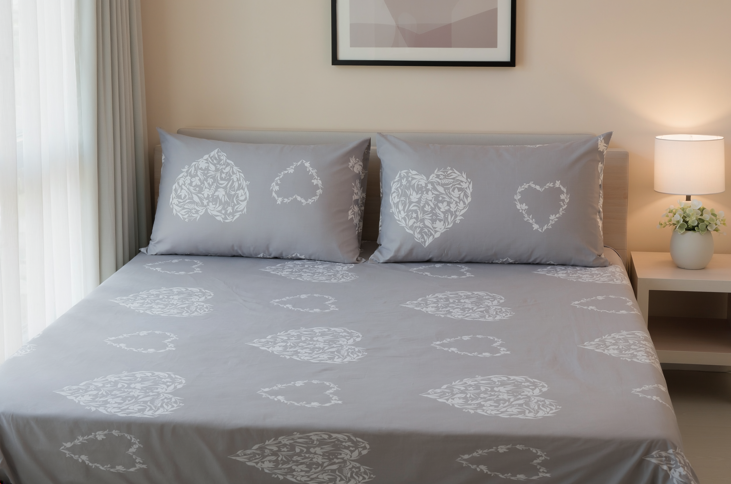 Damask Heart Pure Cotton Fitted Bed Sheet Combo