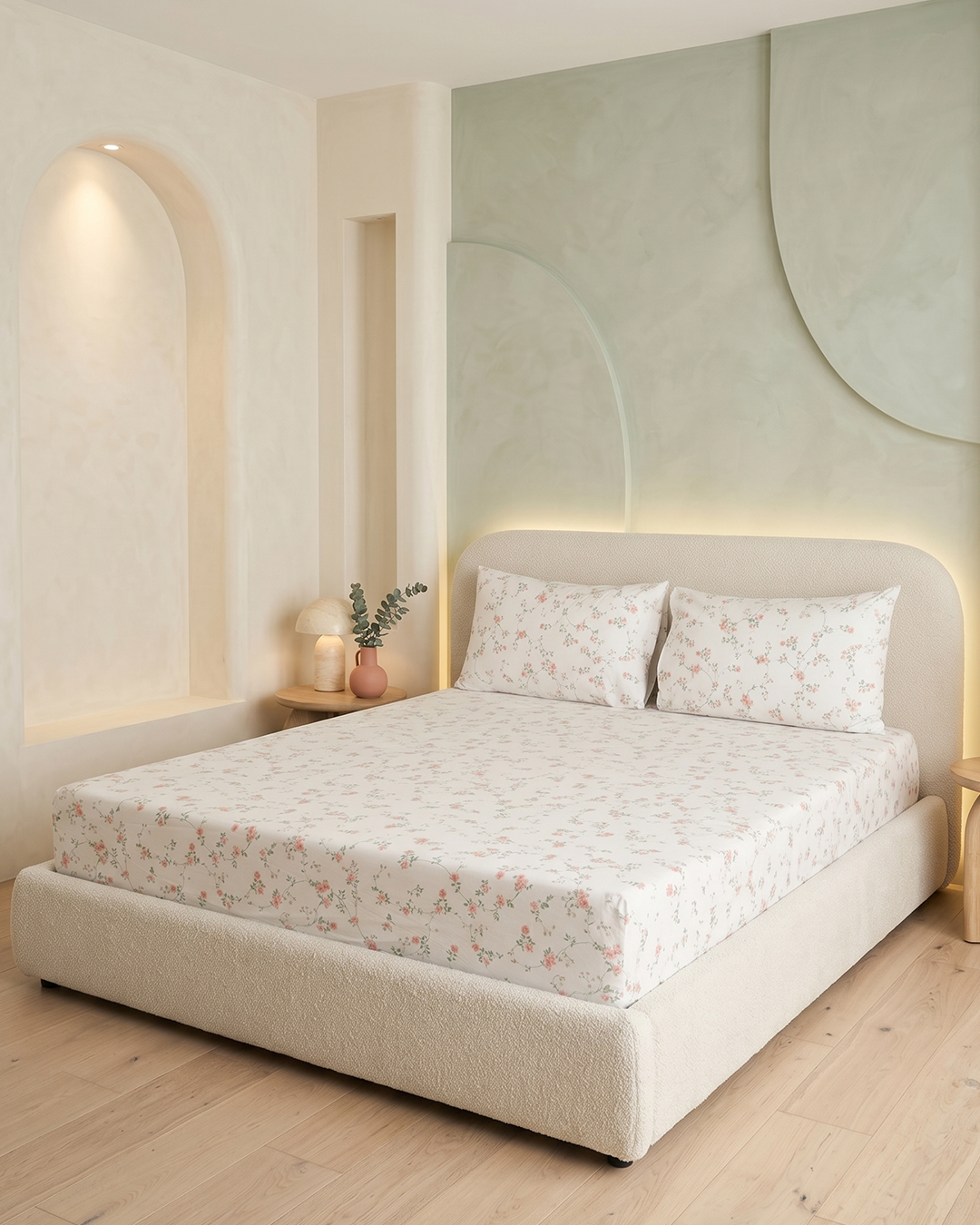 Pink Fluer Cotton Bedding Set – Fitted Sheet + 2 Pillow Covers
