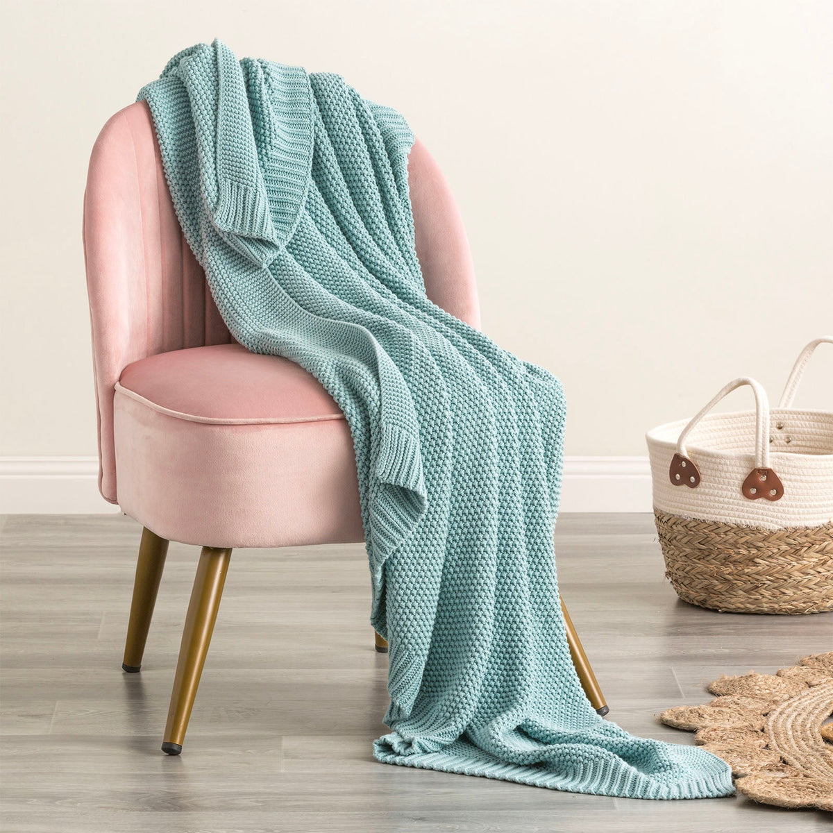 Renee Taylor Throw Cotton Knitted Moss French Blue