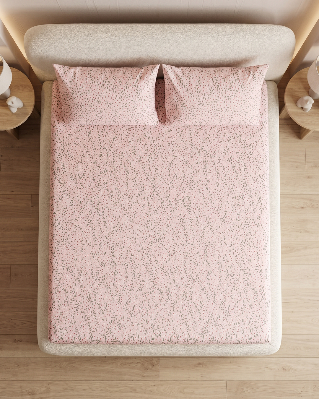 Pink Leaf Print Cotton Bedding Set – Fitted Sheet + 2 Pillow Covers