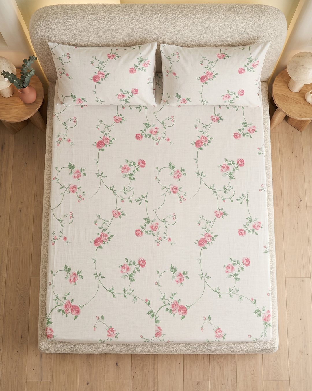 Pink Fluer Cotton Bedding Set – Fitted Sheet + 2 Pillow Covers