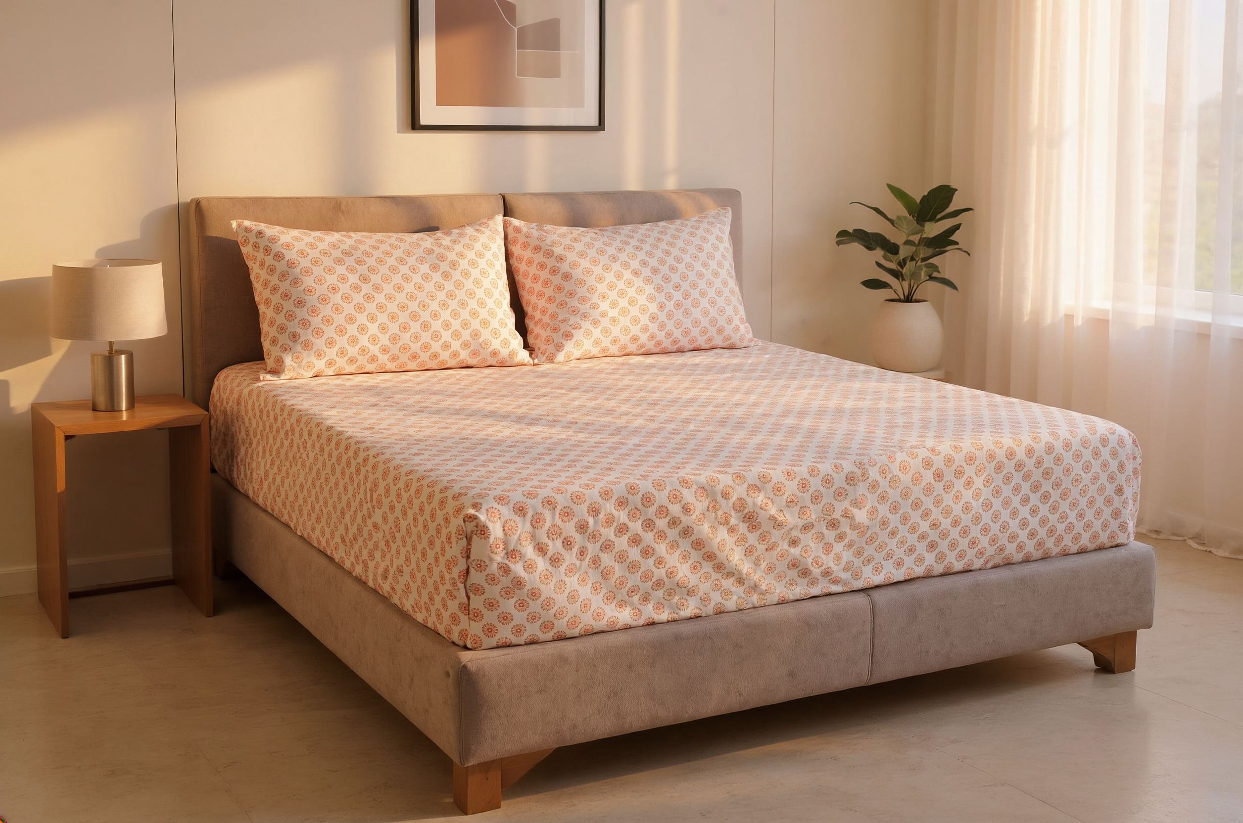 Blush Medallion Pure Cotton Fitted Bed Sheet Combo