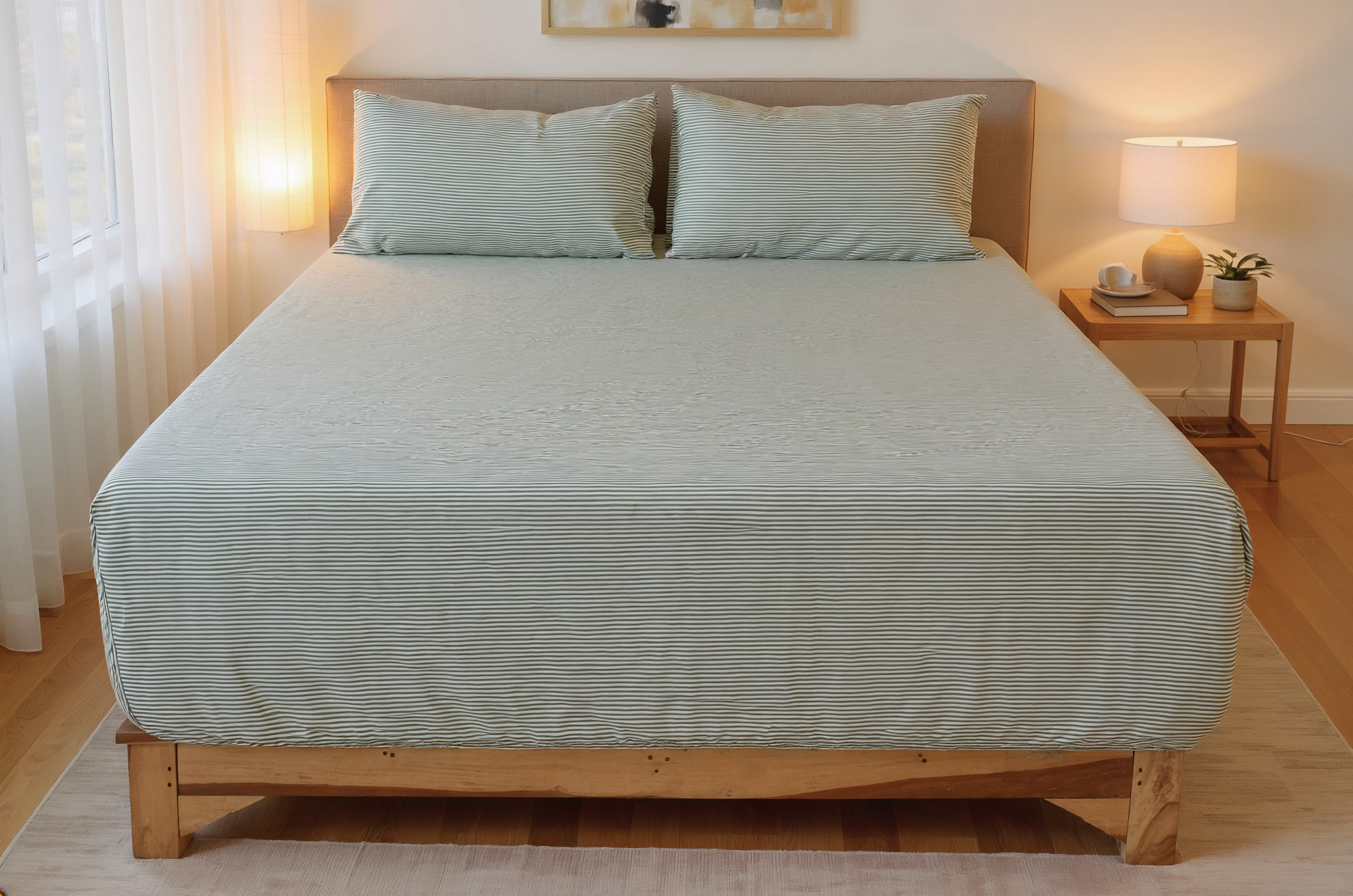 Green Fine Stripe Pure Cotton Fitted Sheet Combo