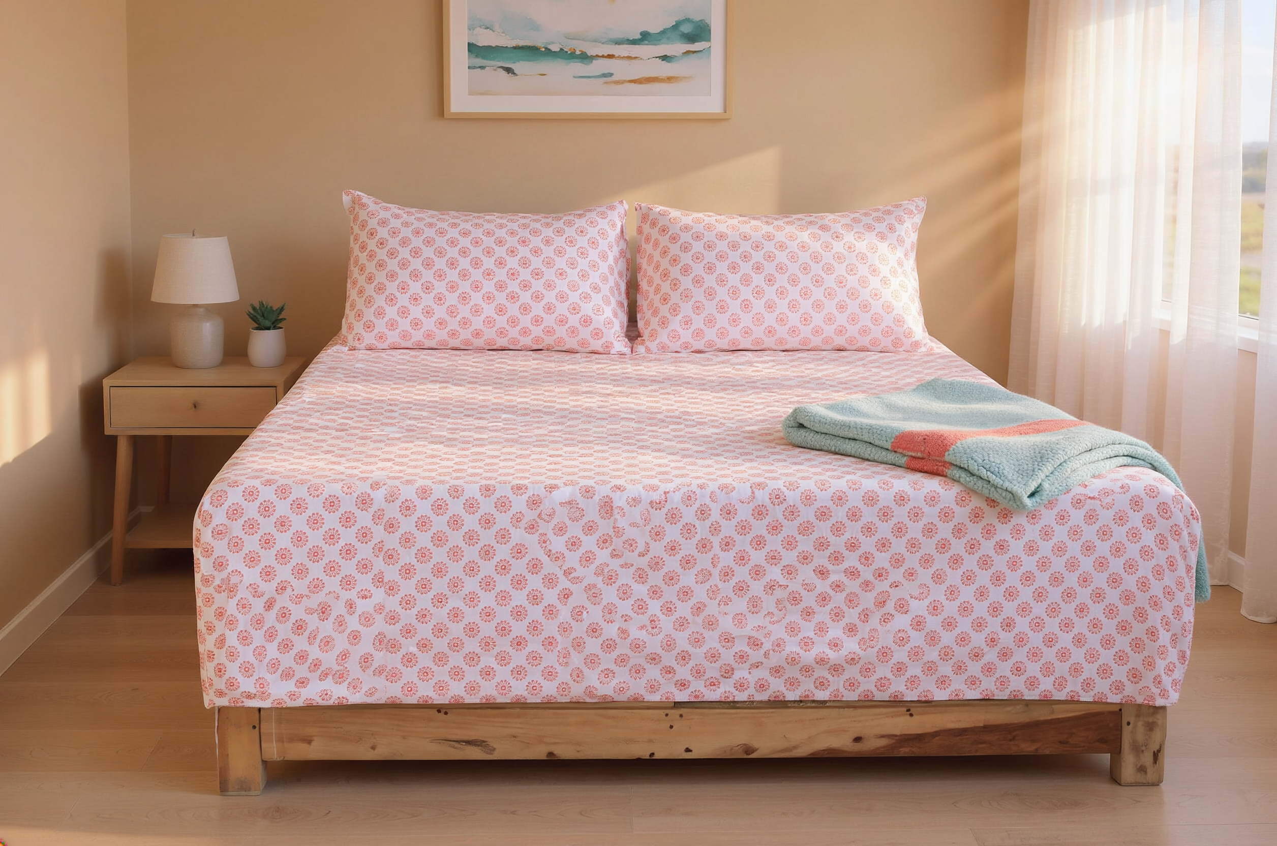 Blush Medallion Pure Cotton Fitted Bed Sheet Combo