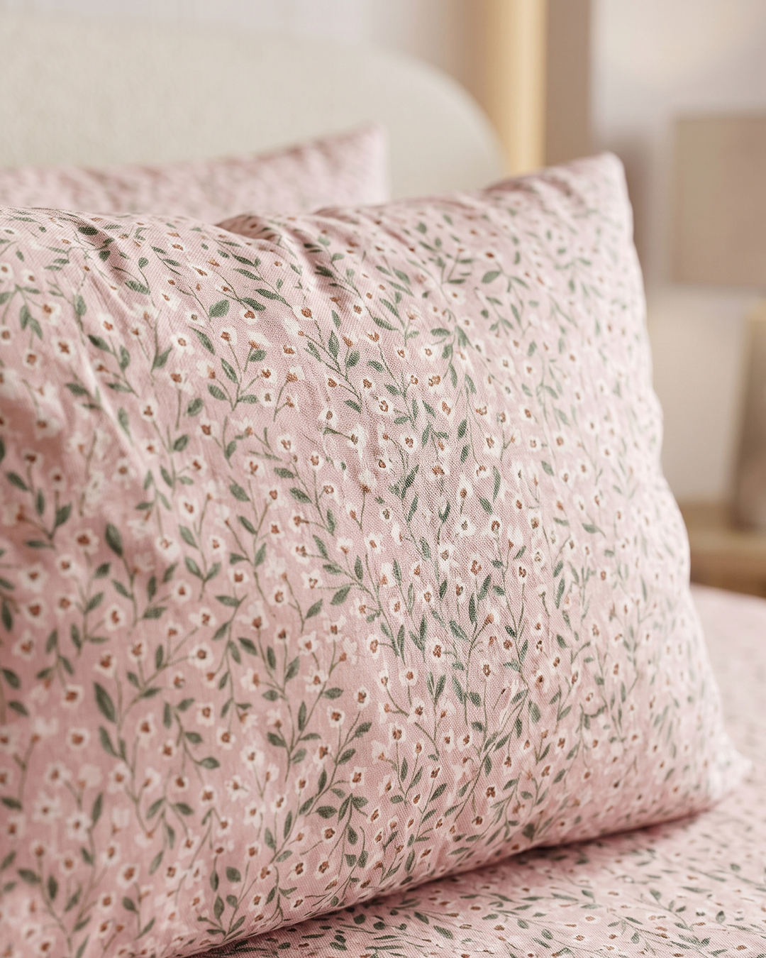 Pink Leaf Print Cotton Bedding Set – Fitted Sheet + 2 Pillow Covers