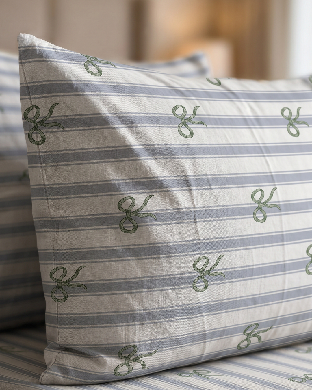 Periwinkle Ribbon Cotton Bedding Set – Fitted Sheet + 2 Pillow Covers