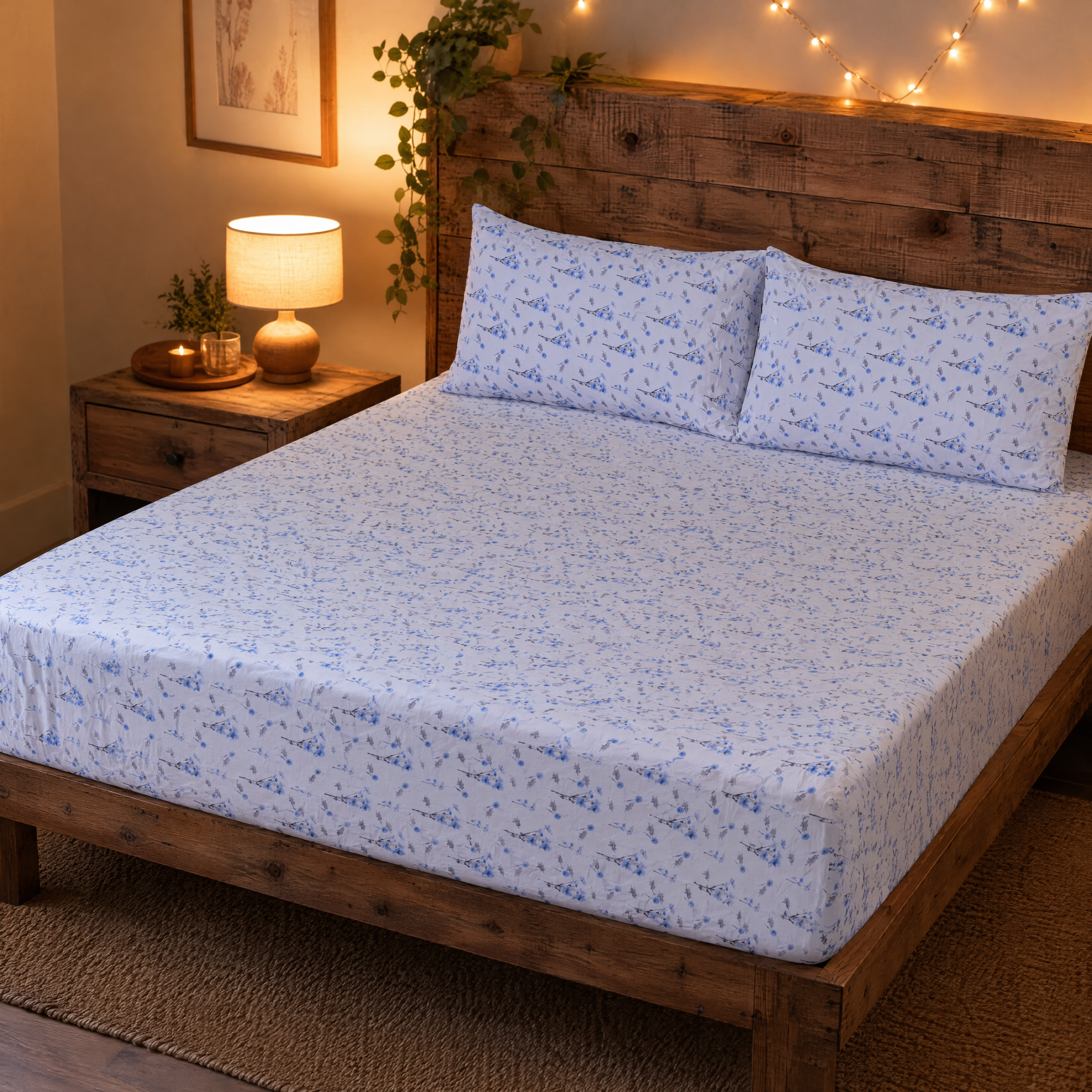 Azure Sprig Pure Cotton Fitted Sheet Combo