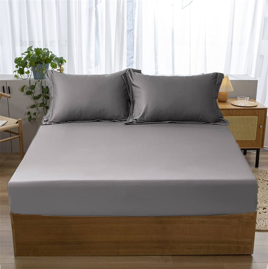 Linen Home Solid Fitted Sheet Set - Grey