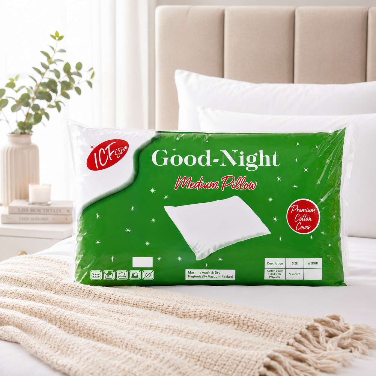ICF Standard Plain Pure Cotton Cover Pillow  Twin Pack